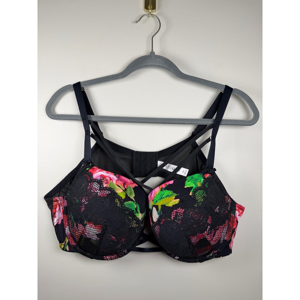 Lane Bryant Cacique 46B Strappy Boost Balconette Bra Rose Kisses Black Lace Pink